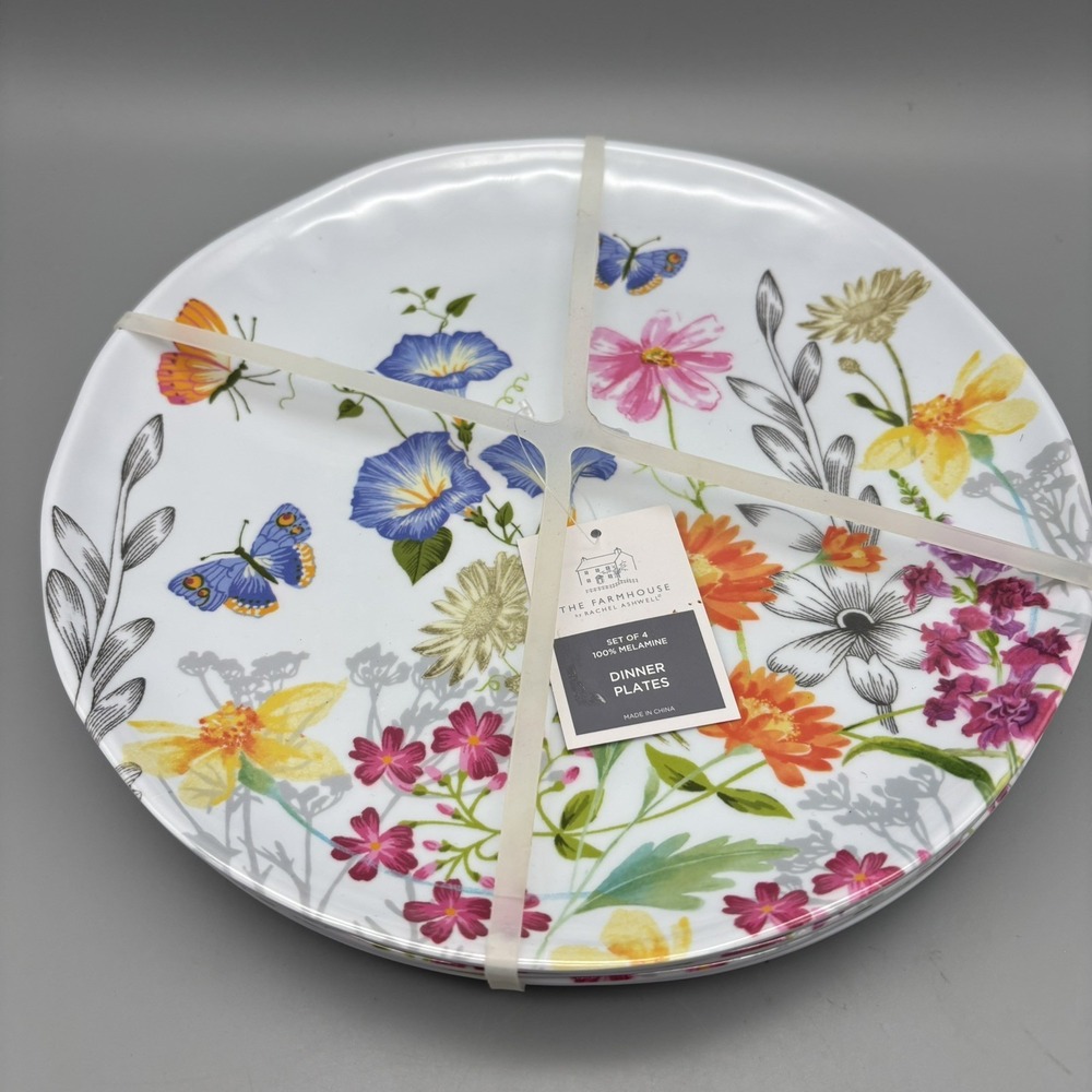 Rachel Ashwell Set Of 4  Melamine Dinner Plates New Wildflower Butterflies